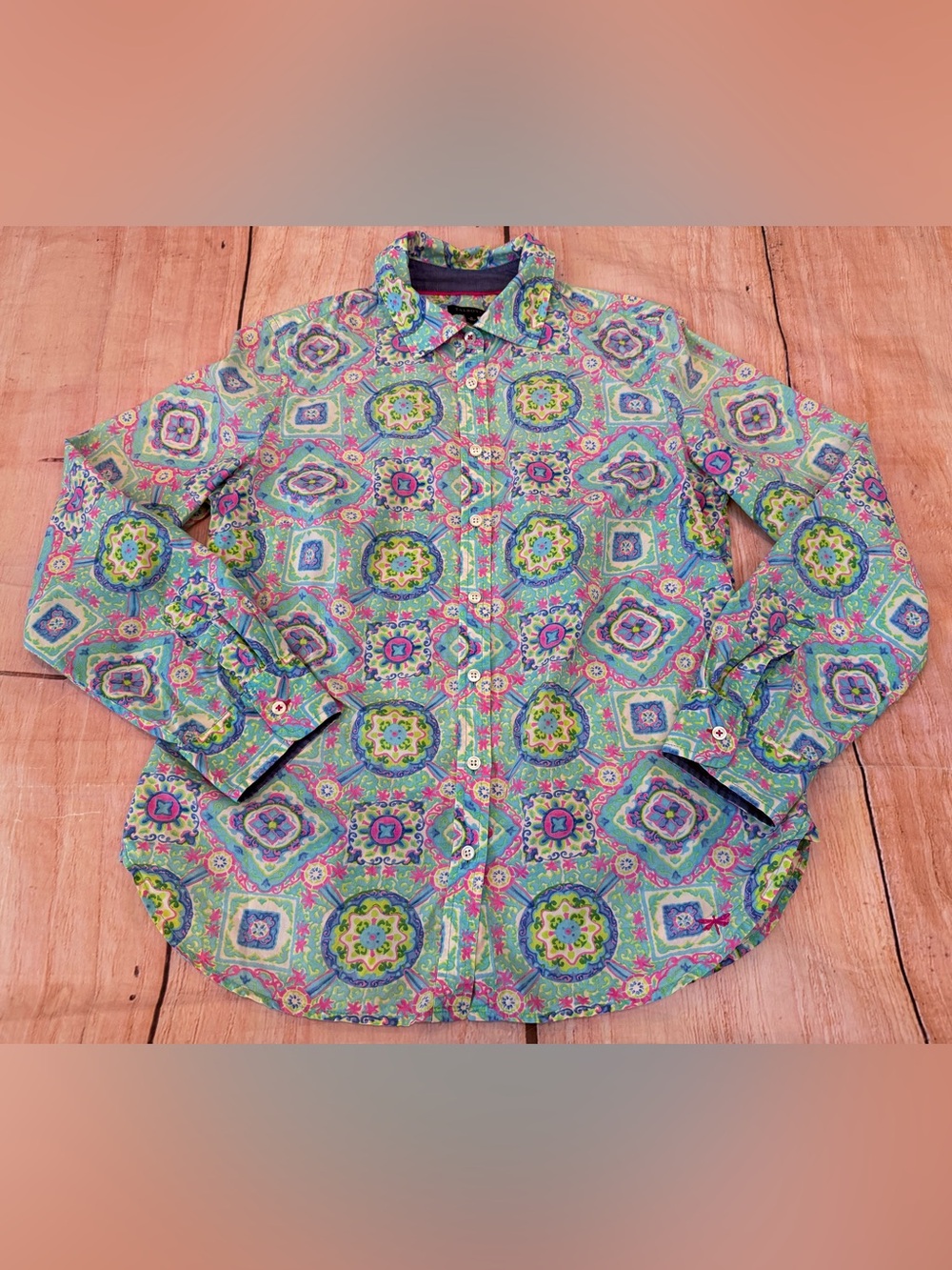 Talbots Womens Geo Print Long Sleeve Contrast Cuff Cotton Blouse Small